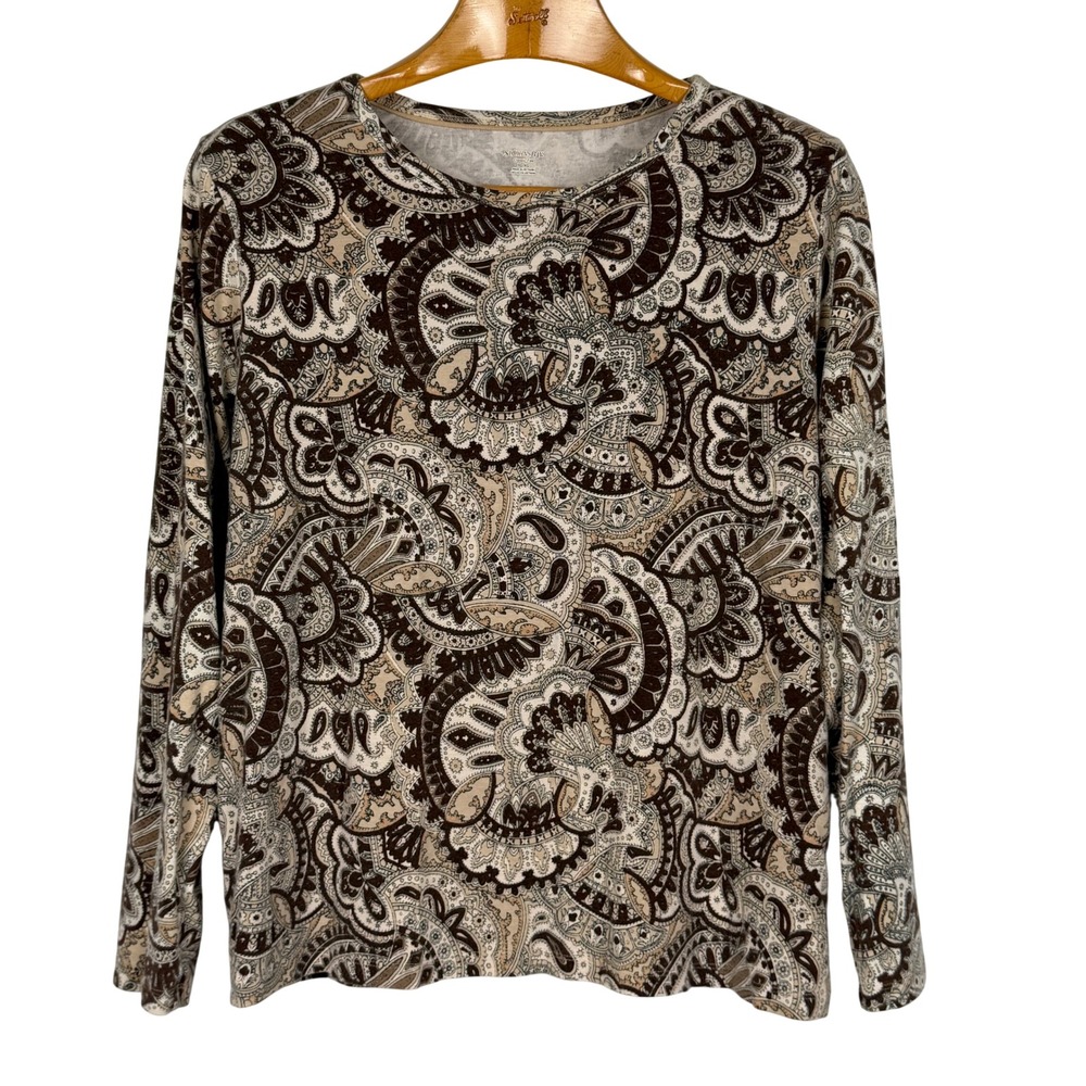 St. John's Bay Classic Tee Paisley Print XL Brown Tan Long Sleeve Knit Top